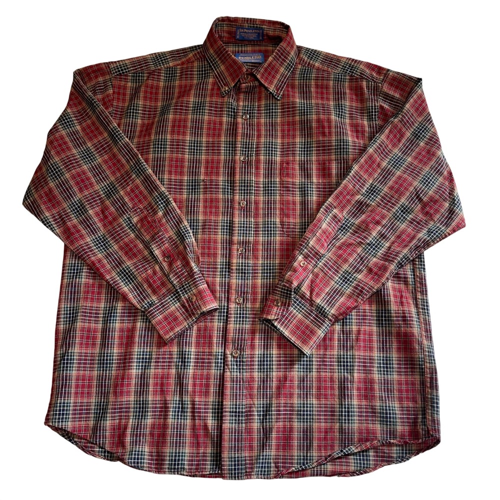Sir Pendleton Mens Red Plaid Wool Button Down Shirt Large 100% Virgin Wool 0604